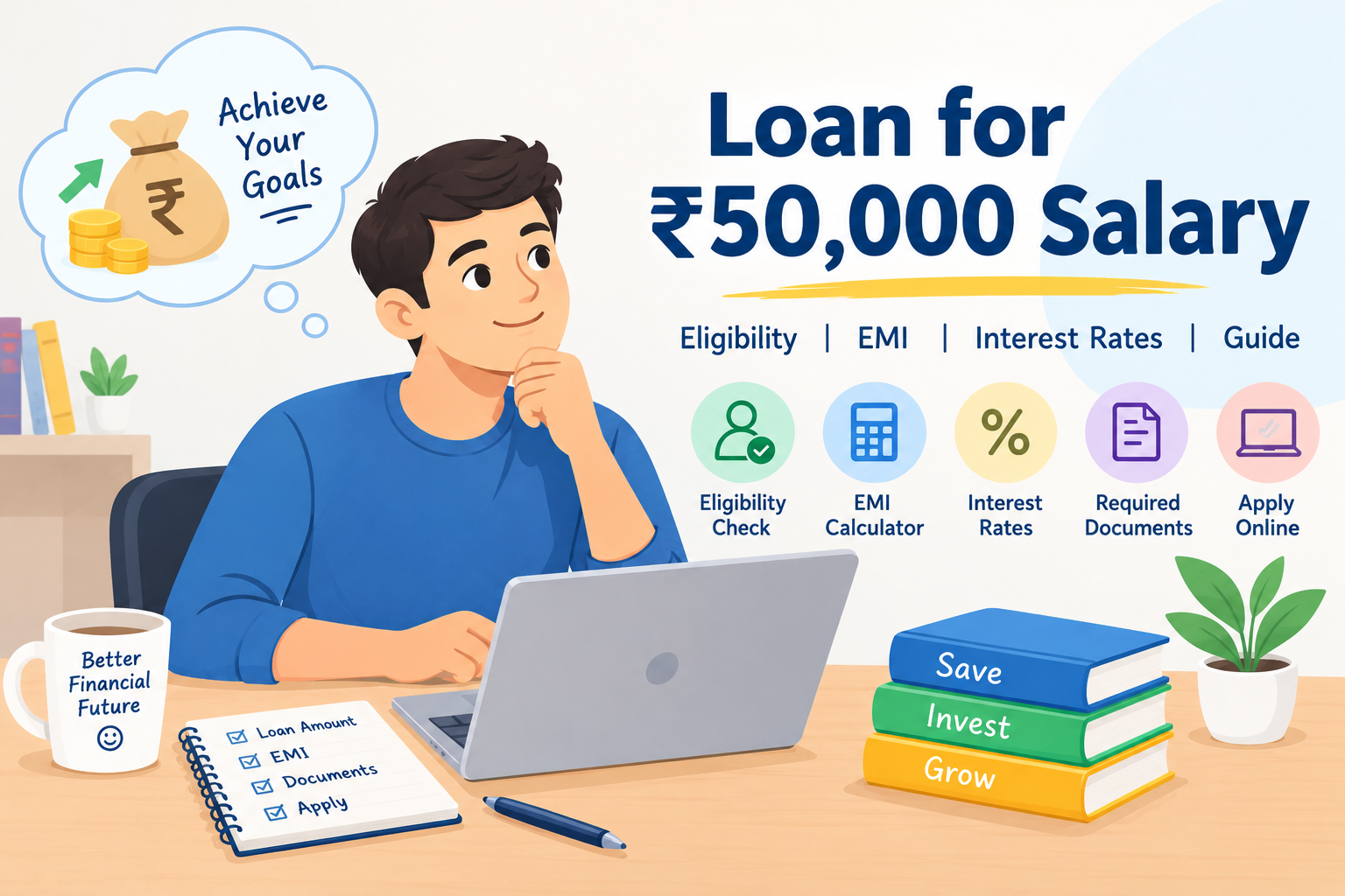 Loan for ₹50,000 salary – a colorful illustration of a salaried employee using a laptop to explore personal loan eligibility, EMI calculations, interest rates, required documents, and online loan application options.